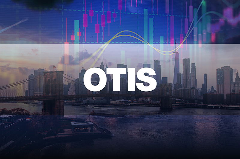 Otis logo with NYC skyline in the background