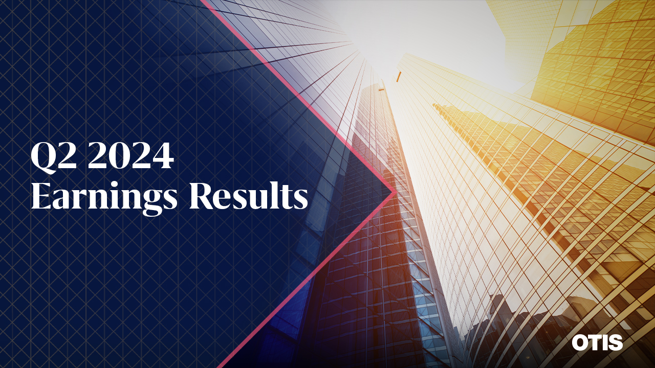 Q2 2024 Earnings results text, looking up at buildings