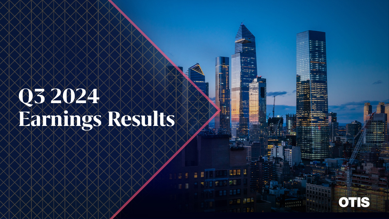 Text on graphic background on the left and a cityscape at dusk on the right